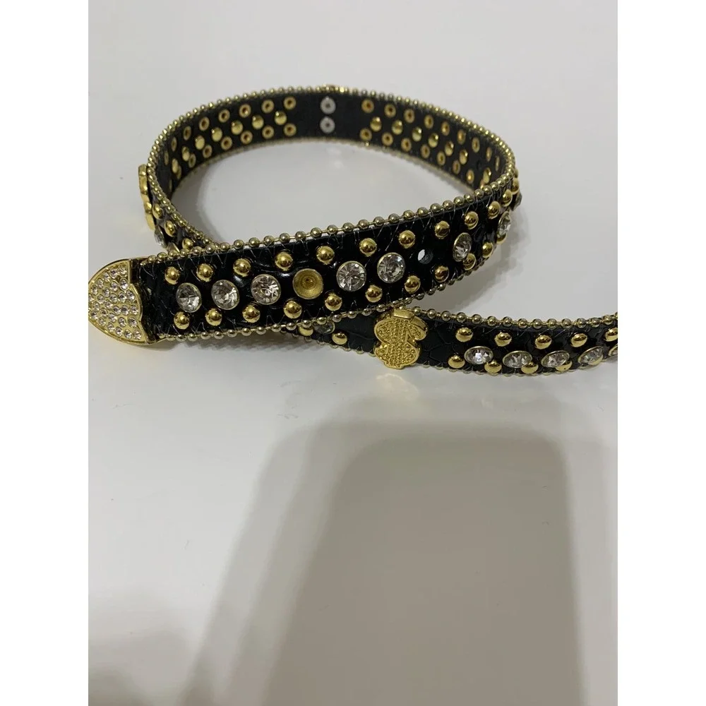ELITE PREMIUM DESIGNER BEAR BUCKLE BLACK $ RHINESTONE LEATHER KIDS BELT M (BB52)